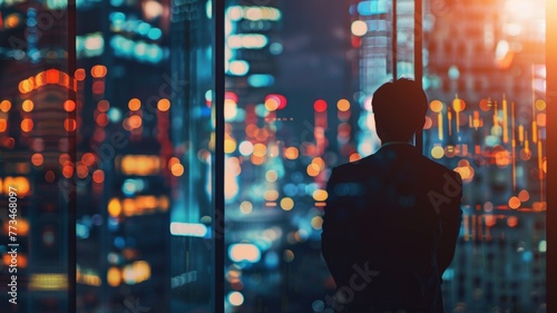 Man looking out over a futuristic cityscape at night - An evocative image of a man overlooking a city's future skyline, engrossed in urban expansion and modernity's pulse #773468097