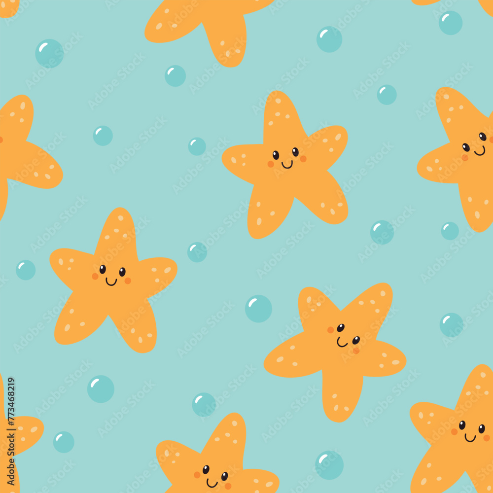 Seamless pattern with cute starfish. Summer marine background. Vector illustration. It can be used for wallpapers, wrapping, cards, patterns for clothes and other. - obrazy, fototapety, plakaty 