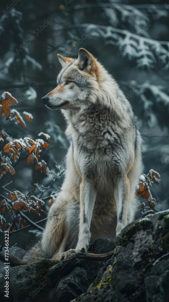 Solitary wolf on a rocky outpost - An image of a lone wolf seated on a rock, symbolizing wilderness and freedom Solitary wolf on a rocky outpost - An image of a lone wolf seated on a rock, symbolizing wilderness and freedom