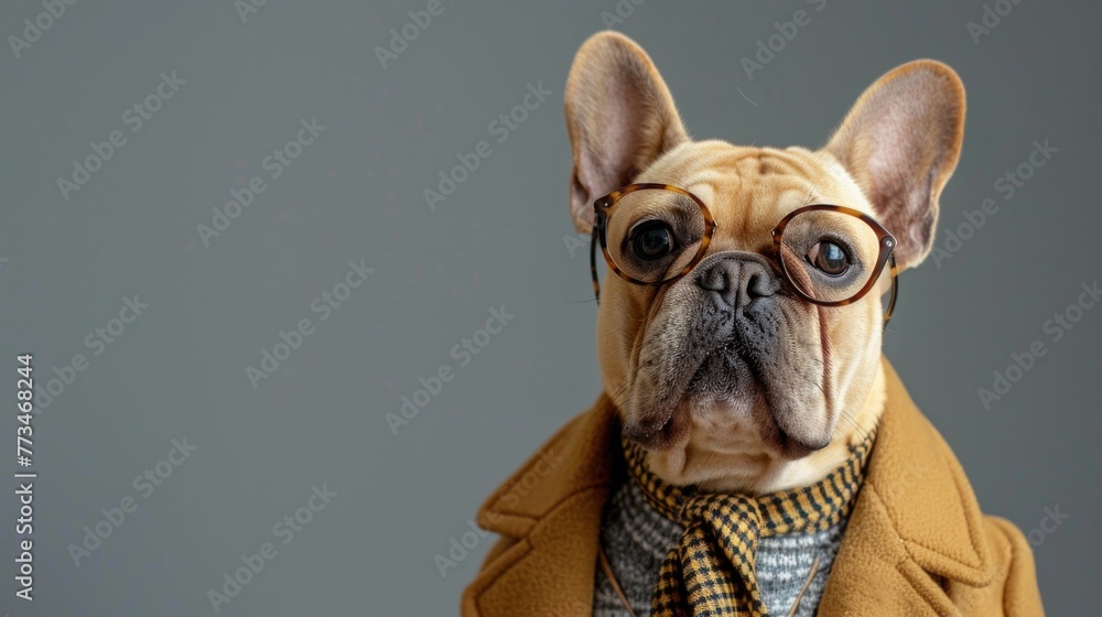 A stylish dog wearing glasses and a coat, perfect for pet fashion blog or magazine