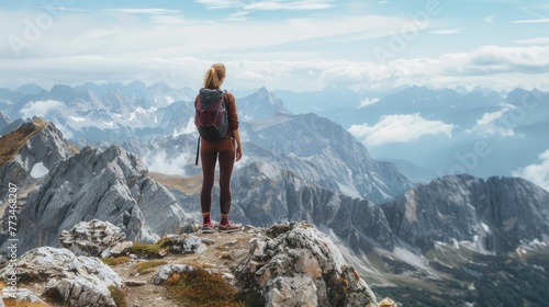 A woman standing on a mountain top with a backpack. Suitable for outdoor and adventure concepts