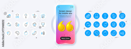 Sausage, Love champagne and Wine glass line icons. Phone mockup with 3d quotation icon. Pack of Coffee beans, Food, Tomato icon. Croissant, Spinach, Apple pictogram. Vector