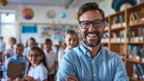portrait of a smiling man in glasses. Classroom background. For Teachers Day, design, banner, cover, presentation, advertisement, social media. Life style