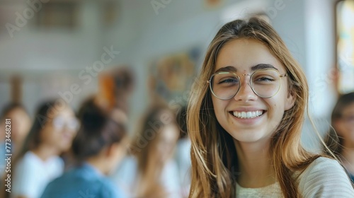 portrait of a smiling student woman in glasses. Classroom background. For Teachers Day, design, banner, cover, presentation, advertisement, social media. Life style