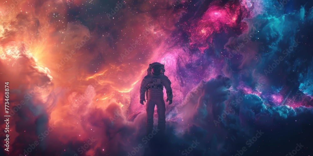 Astronaut standing in front of a colorful galaxy, suitable for space-themed designs Astronaut standing in front of a colorful galaxy, suitable for space-themed designs