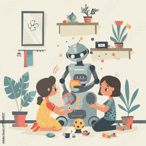 Children playing with robot at home. Vector illustration in flat style.