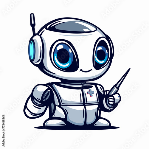 Cute cartoon robot holding a pen. Vector illustration isolated on white background. © viklyaha