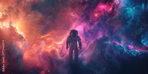 Astronaut standing in front of a colorful galaxy, suitable for space-themed designs