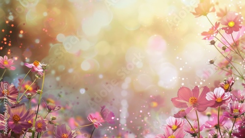 Blossoming pink flowers with sunlight bokeh - Gorgeous image depicting a field of blooming pink flowers bathed in soft sunlight with a beautiful bokeh background effect