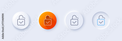 Lock line icon. Neumorphic, Orange gradient, 3d pin buttons. Padlock approved sign. Security access symbol. Line icons. Neumorphic buttons with outline signs. Vector