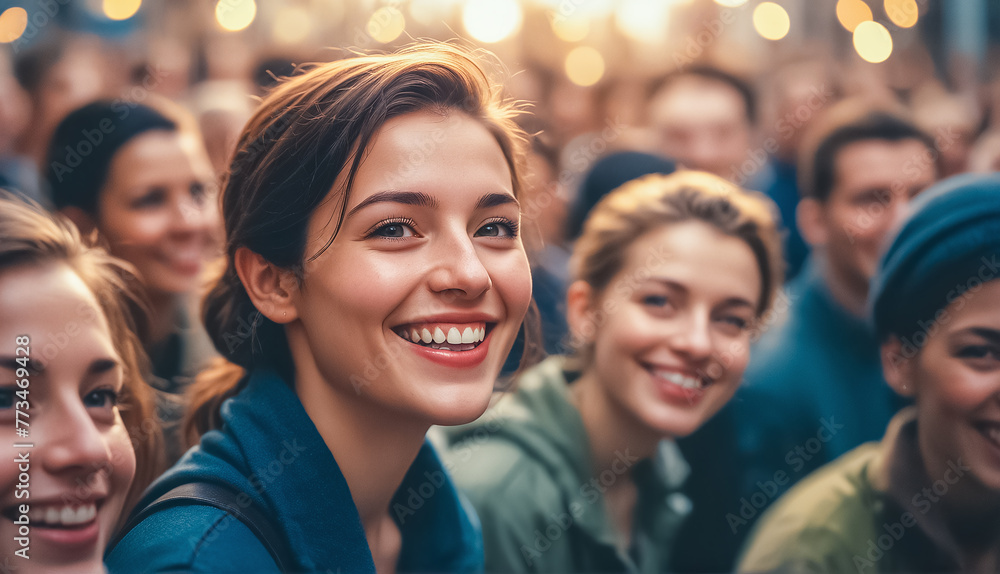 portrait smiling female student in a crowd outdoor at a festival 