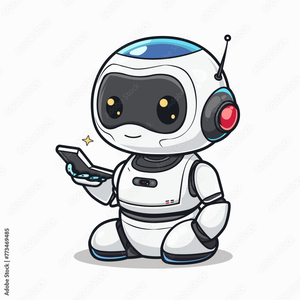 Fototapeta premium Cute cartoon robot with phone character cartoon style vector illustration eps 10