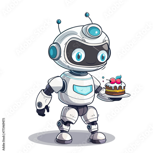 Cute cartoon robot with cake. Vector illustration isolated on white background.