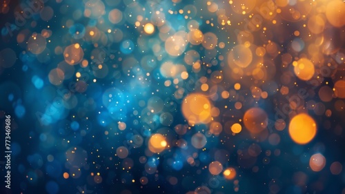 Golden and blue bokeh light array with a blurry effect - The image showcases a dreamlike scenario with golden and blue bokeh lights, creating a soft, ethereal background with a sense of depth