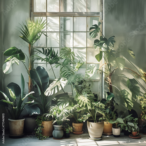 A collection of potted plants in various sizes and shapes, including monstera leaves, stands against the wall near an open window with sunlight streaming through, casting shadows on the greenery