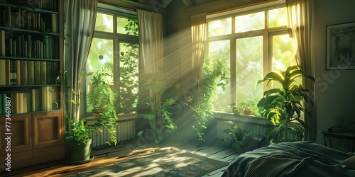 A cozy bedroom with plants and bookshelves, sun rays coming through the window, in the style of cinematic photo