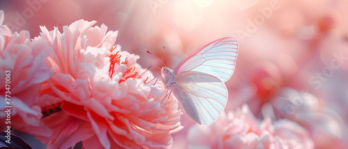 white butterfly sitting on peony flower in the garden on soft pinkgold background with round bokeh, spring season photo