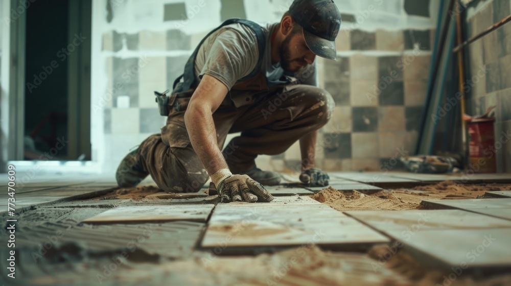 A man is seen working on a tile floor. Perfect for construction or renovation projects