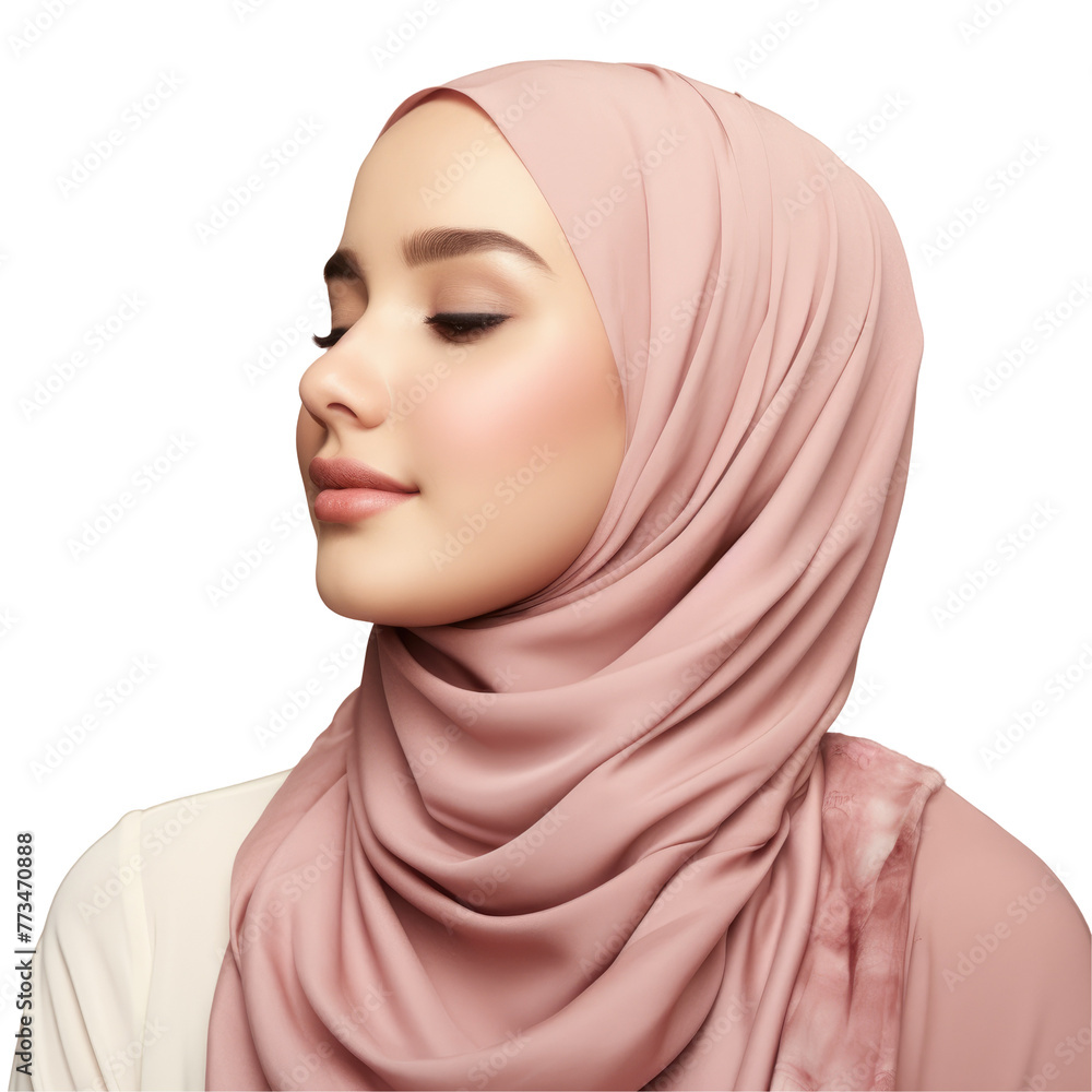 She is wearing a pink hijab and a white shirt. Her smile lights up her face, accentuating her cheek and jawline. Her eyes and eyelashes draw attention to her thoughtful expression on transparent She is wearing a pink hijab and a white shirt. Her smile lights up her face, accentuating her cheek and jawline. Her eyes and eyelashes draw attention to her thoughtful expression on transparent