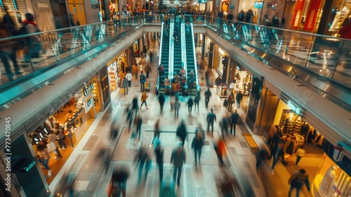Group of people walking through a shopping mall. Suitable for commercial use