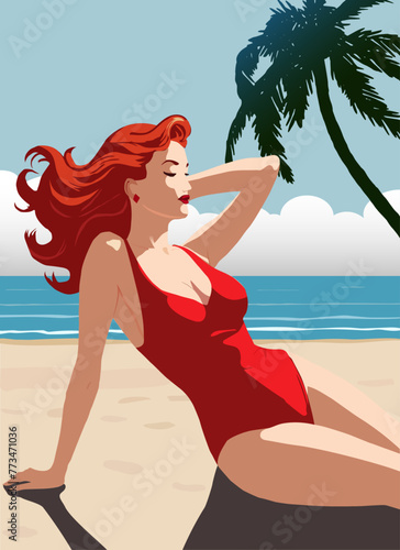 a woman with long red hair flowing in the wind sits on a sandy beach against the backdrop of the sea and sky with clouds.