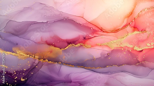 an abstract fluid art design, should have a sunset-inspired palette of coral pink, dusk purple, and amber, enriched by gold highlights