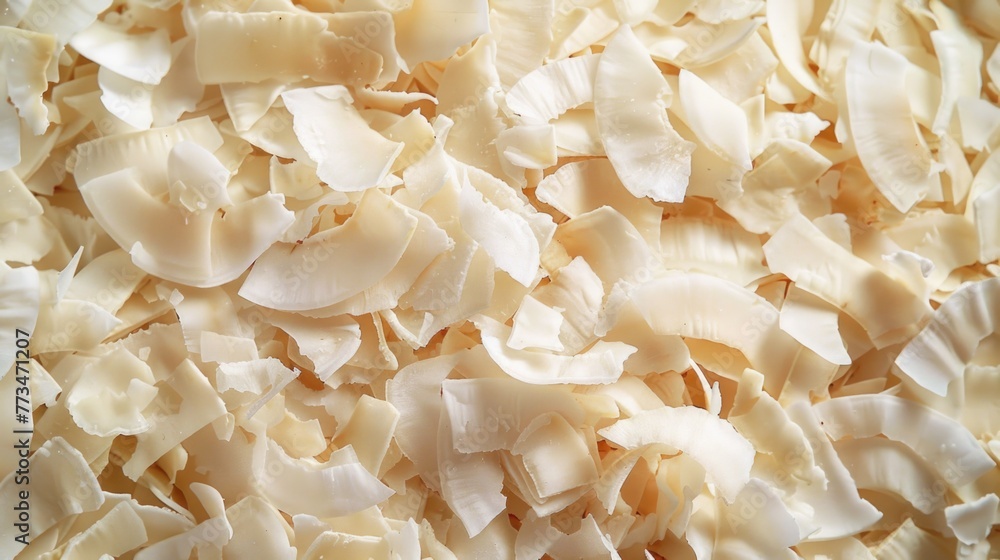 Close up of a pile of shredded coconut flakes, ideal for food and nutrition concepts Close up of a pile of shredded coconut flakes, ideal for food and nutrition concepts