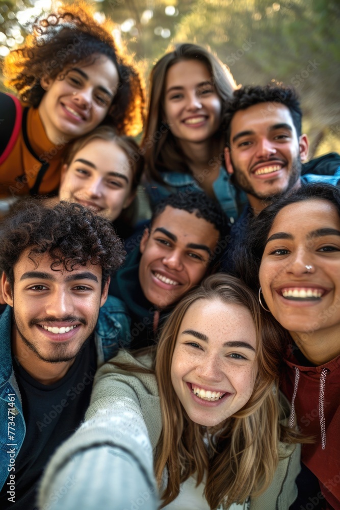 A group of people posing for a selfie. Suitable for social media and technology concepts A group of people posing for a selfie. Suitable for social media and technology concepts