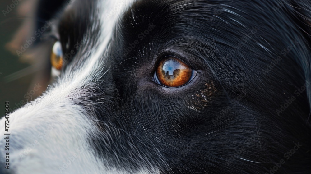 Detailed shot of a black and white dog's eye, perfect for animal lovers and pet-related designs Detailed shot of a black and white dog's eye, perfect for animal lovers and pet-related designs