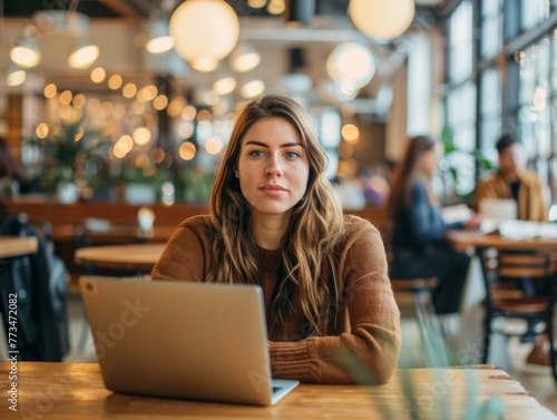 A woman sitting at a table with her laptop open. AI.