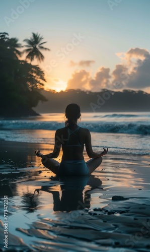 A woman sitting in lotus position on the beach at sunset. AI.