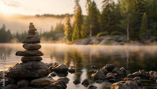 Tranquil natural setting with misty water, forest trees in the background, and small rocks stacked on top of each other near a calm lake at sunset. 
