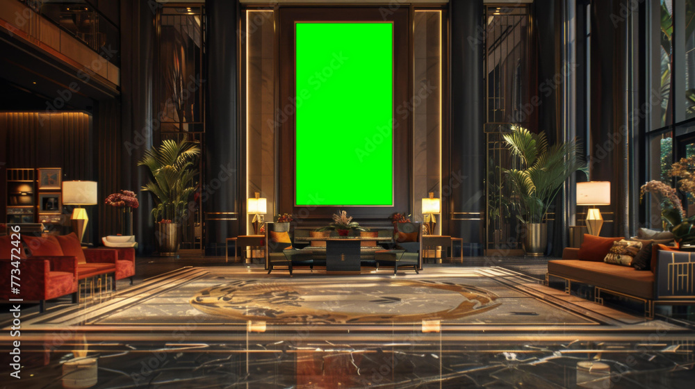 A large lobby with a green screen on the wall and lots of furniture. AI.
