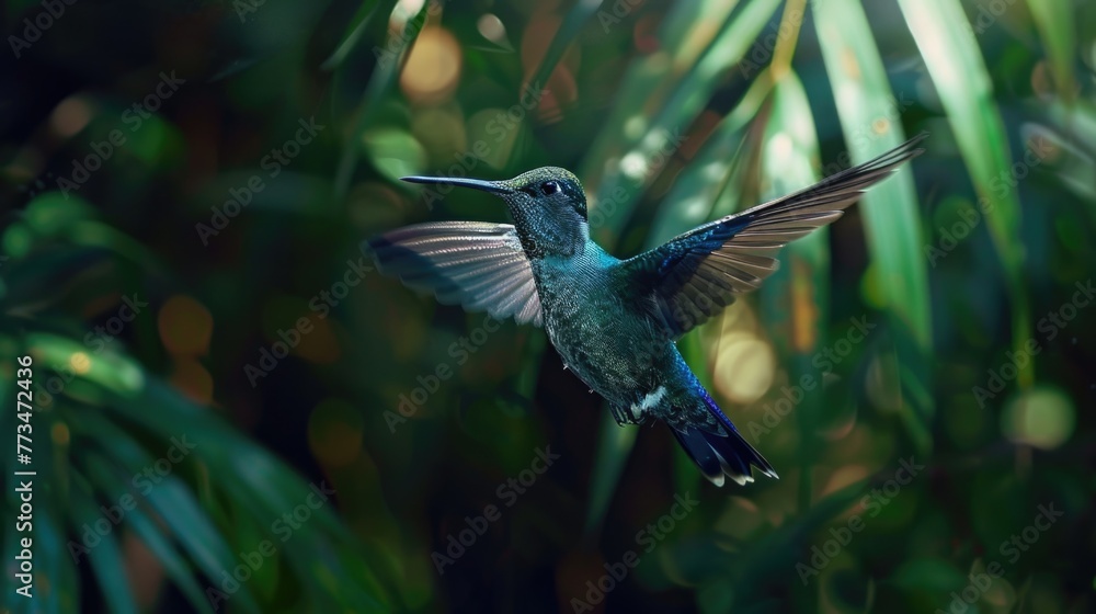 Fototapeta premium A beautiful hummingbird flying in vibrant colors. Perfect for nature and wildlife concepts