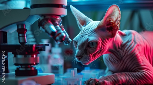 A hairless cat is looking at a microscope under the light. Generative AI. © serg3d