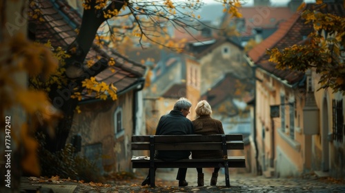 A couple of an older man and woman sitting on a bench. AI.
