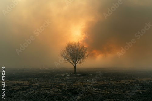 A lone tree in a field with smoke rising from it. Generative AI.