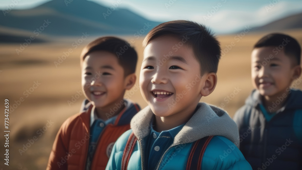 Portrait mongoloid children. Happy cute asian friends on rustic sunny ...