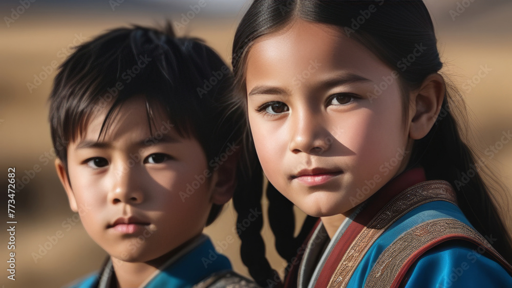 Portrait mongoloid children. Happy cute asian friends on rustic sunny ethnic background. Family love and relationship sibling concept Portrait mongoloid children. Happy cute asian friends on rustic sunny ethnic background. Family love and relationship sibling concept