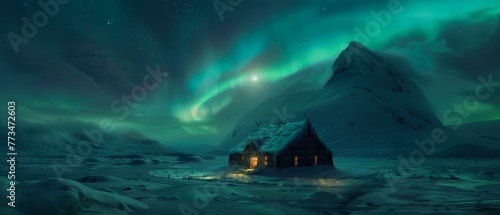 A small cabin in the middle of a snowy landscape with an aurora borealis. Generative AI. photo
