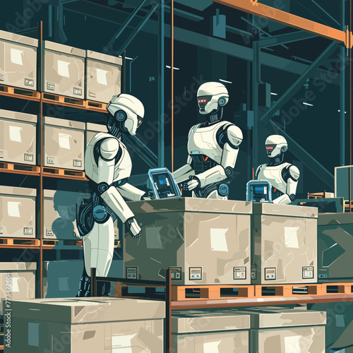 Robots in warehouse. Vector illustration in cartoon style. Robot in warehouse.