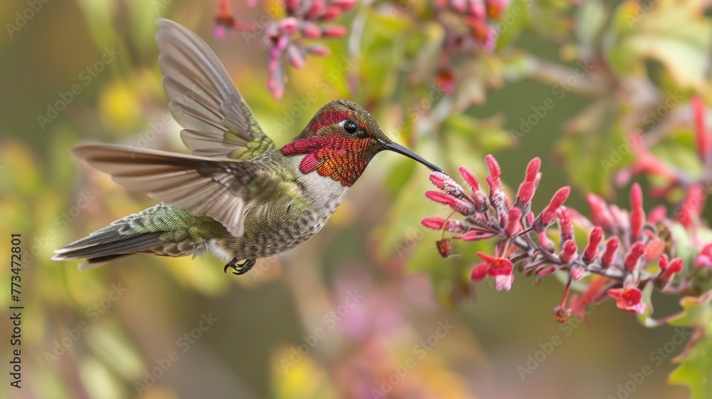 Fototapeta premium A beautiful hummingbird flying near a vibrant flower. Perfect for nature and wildlife concepts