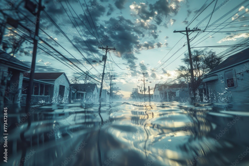 A flooded street with power lines in the background. Suitable for weather or natural disaster related concepts A flooded street with power lines in the background. Suitable for weather or natural disaster related concepts