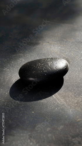 A black rock is sitting on a black surface. The rock is small and has a shiny surface