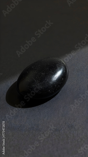 A black stone sits on a dark surface. The stone is smooth and shiny  and it is a small  round shape. The image has a calm and serene mood