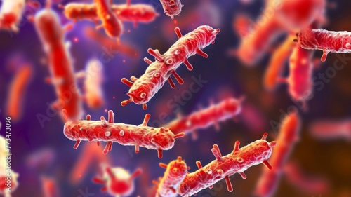 Close-up 3D image of bacilli bacteria with cilia - A 3D rendered close-up of bacilli bacteria, highlighted by their cilia and set against a contrasting deep red backdrop photo