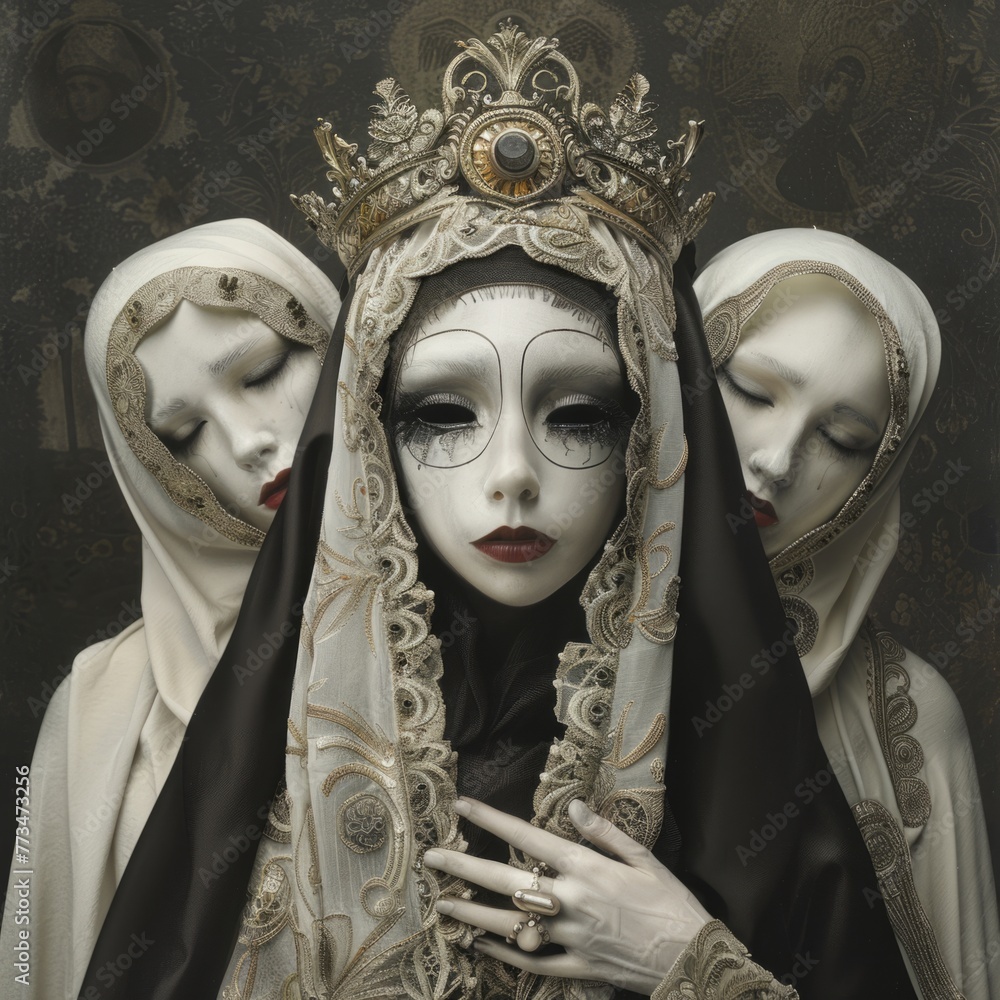 Artistic triptych of veiled figures - A dark, compelling triptych ...