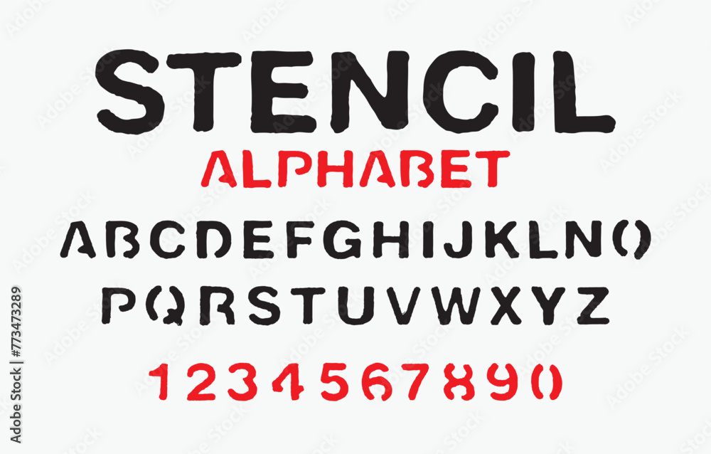 set of letters of the latin alphabet. Font stencil with black and red paint