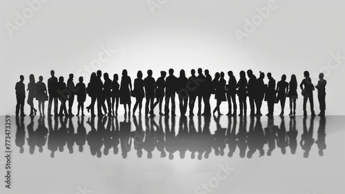 Silhouette of a crowd of people on reflective surface - A descriptive visual of numerous silhouetted figures on a reflective surface, symbolizing unity and cooperation