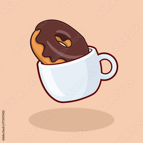 A chocolate donut in a coffee mug, coffee and donut vector illustration © xphar